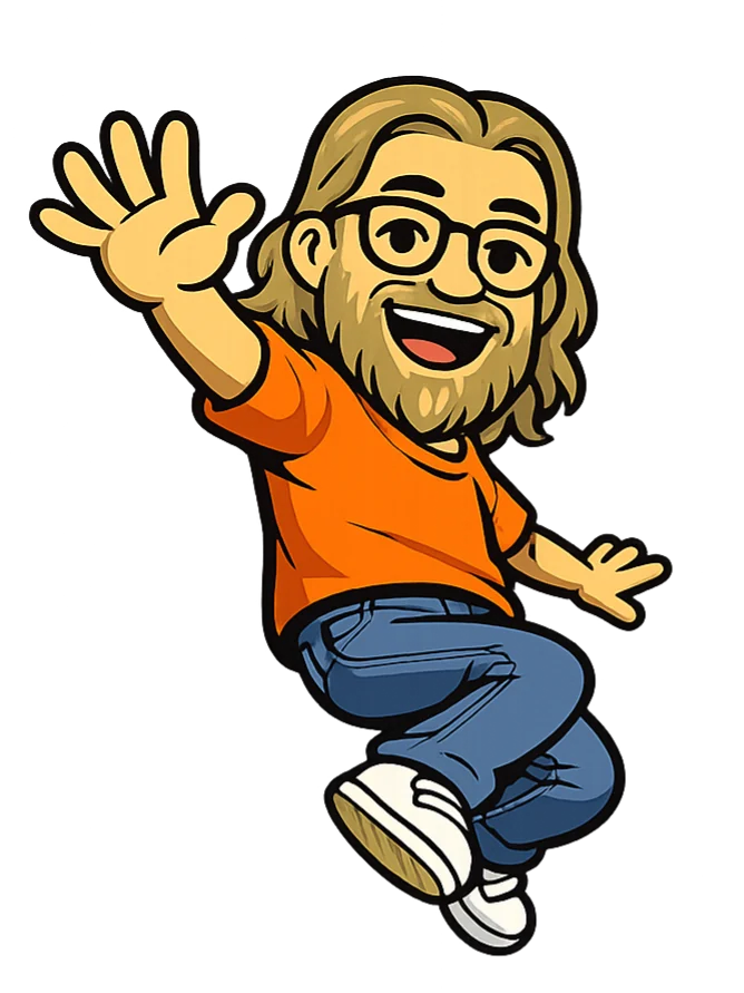 Christopher, the human half of the show, drawn mid-leap